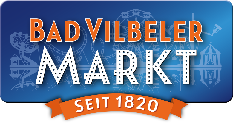 Logo mit dem Schriftzug 'BAD VILBELER MARKT' in Großbuchstaben auf blauem Hintergrund und einem orangen Banner mit dem Text 'SEIT 1820'