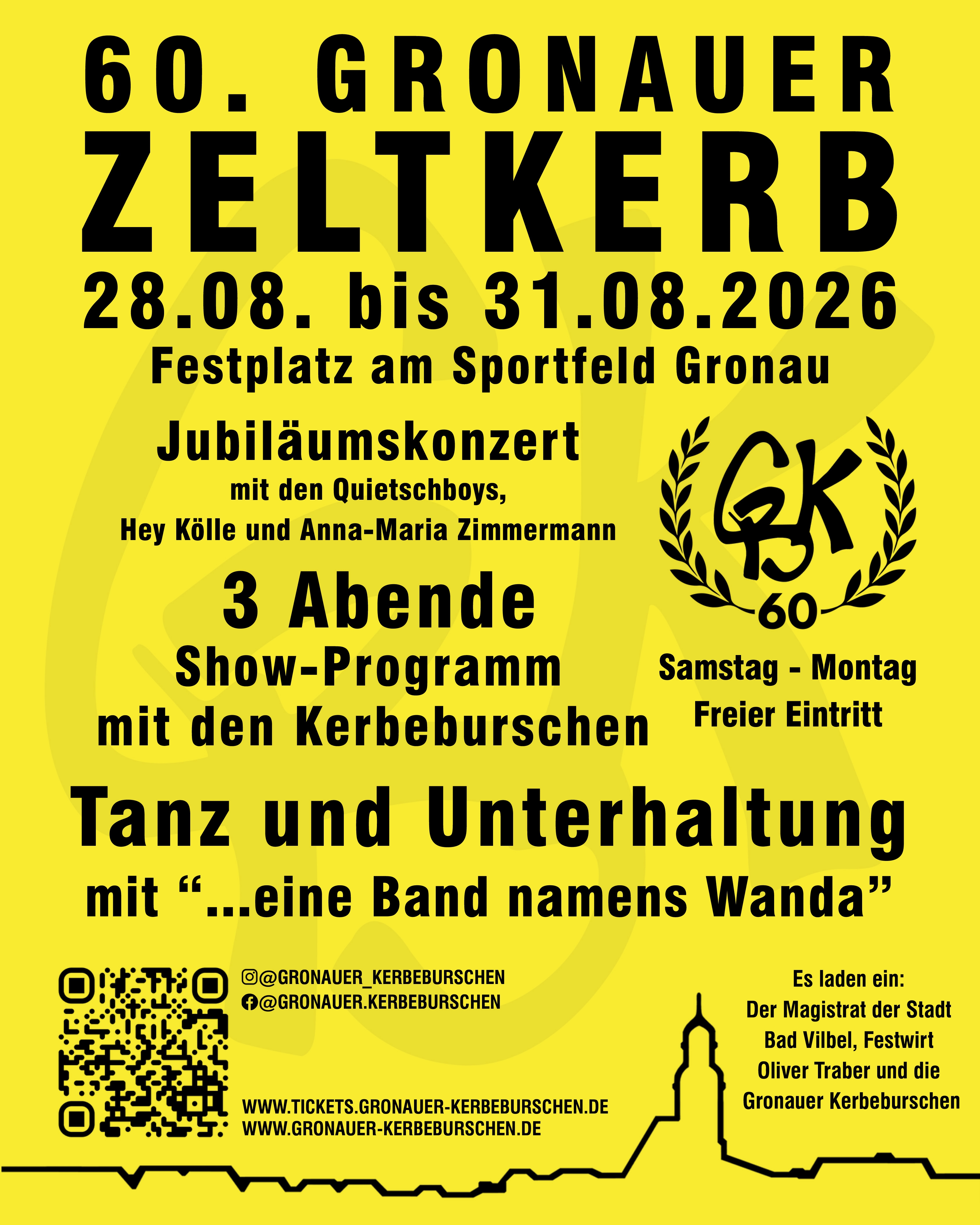 60. Gronauer Zeltkerb Plakat für die 60. Gronauer Zeltkerb vom 28. bis 31. August 2026 mit Jubiläumskonzert, Show-Programm und Tanz auf dem Festplatz am Sportfeld Gronau