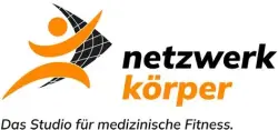 Logo Netzwerk Körper Logo mit stilisierter Figur und Netzstruktur sowie dem Text 'netzwerk körper' und 'Das Studio für medizinische Fitness.'