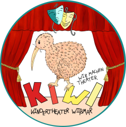 Kiwi Kindertheater Rundes Logo mit rotem Theatervorhang, zwei Theatermasken oben, einem Kiwi-Vogel in der Mitte und dem Schriftzug 'KIWI KINDERTHEATER WISMAR WIR MACHEN THEATER'