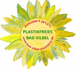 Bad Vilbel Plastikfrei und Zero Waste Bad Vilbel e.V. Vereinslogo: Aquarellierte Sonnenblume mit gelb-grünen Blättern und einem gelben Kreis in der Mitte mit rotem und grünem Text