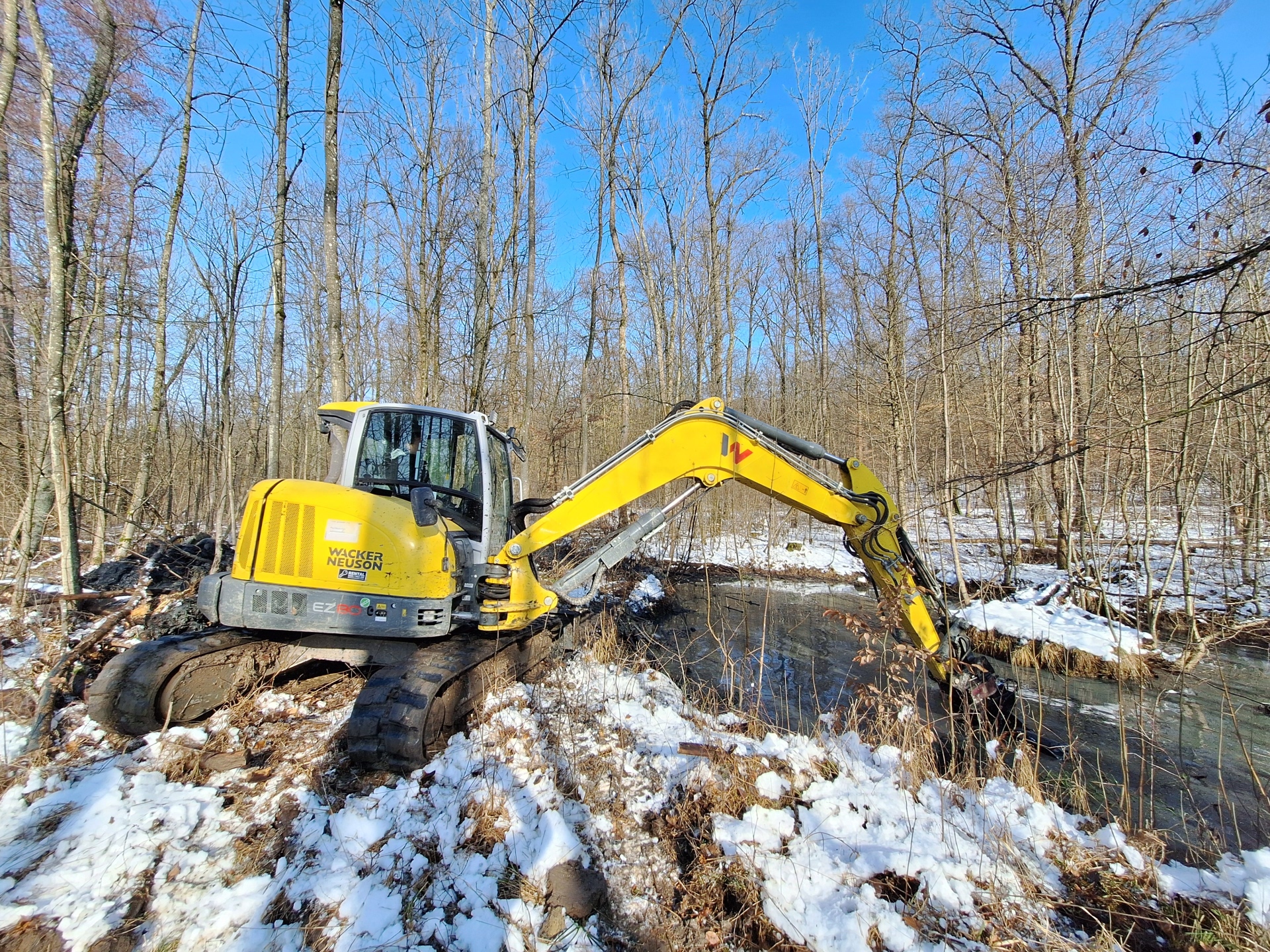Gelber Minibagger mit Kettenantrieb steht auf schneebedecktem Boden neben einem Bach in einem kahlen Wald