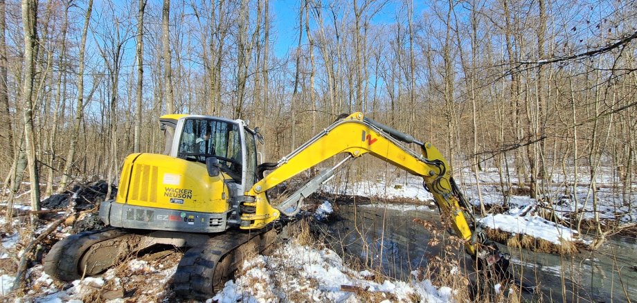 Gelber Minibagger mit Kettenantrieb steht auf schneebedecktem Boden neben einem Bach in einem kahlen Wald