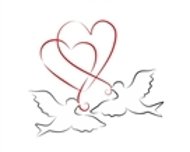 Schwarz-weiße Linienzeichnung zweier Tauben, die zwei ineinander verschlungene Herzen tragen