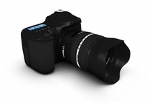 Foto: Digitale Spiegelreflexkamera mit Objektiv und Gegenlichtblende.