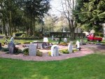Urnengrabfeld mit mehreren unterschiedlich geformten Grabsteinen in einem kreisförmigen Arrangement auf einem Friedhof, umgeben von Rasen und Bäumen