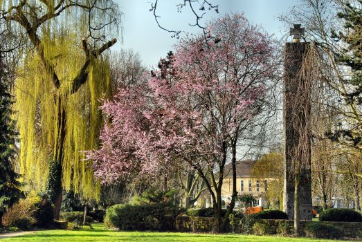 Park mit blühenden Bäumen, einer großen Trauerweide und einem steinernen Kriegerdenkmal im Hintergrund
