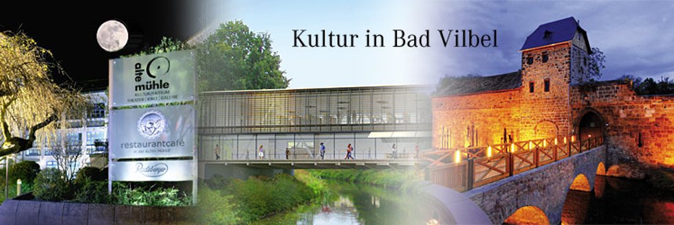 Nächtliche Collage mit beleuchtetem Baum, Bibliothek und historischer Wasserburg bei nächtlichem Himmel und Beleuchtung