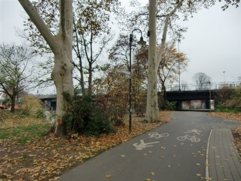 Radweg mit Piktogrammen für Fußgänger und Fahrradfahrer neben Bäumen und einer Brücke im Hintergrund