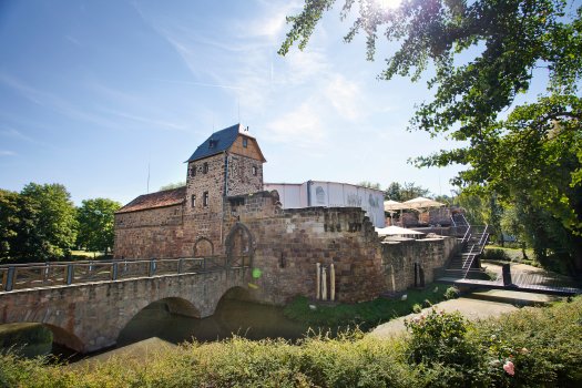Wasserburg mit steinernem Brückenbogen, Turm mit spitzem Dach bei sonnigem Himmel