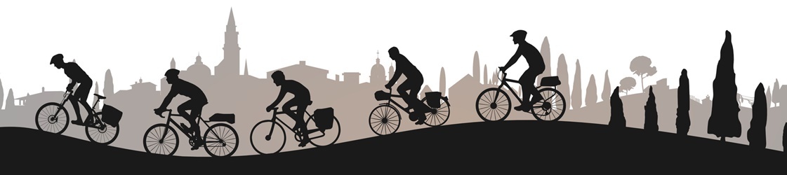 Schwarz-weiße Silhouetten von Radfahrern vor einer Stadtsilhouette mit Türmen und Bäumen