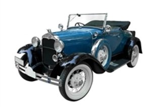 Foto: Blauer Oldtimer-Cabrio mit weißen Reifen und verchromten Details.
