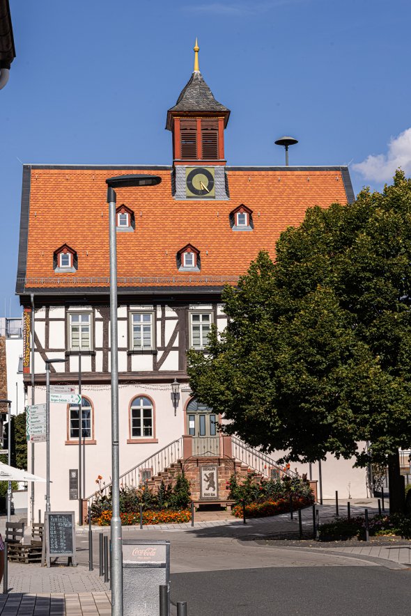 Fachwerkhaus mit rotem Ziegeldach, Uhrenturm und großer Baum im Vordergrund