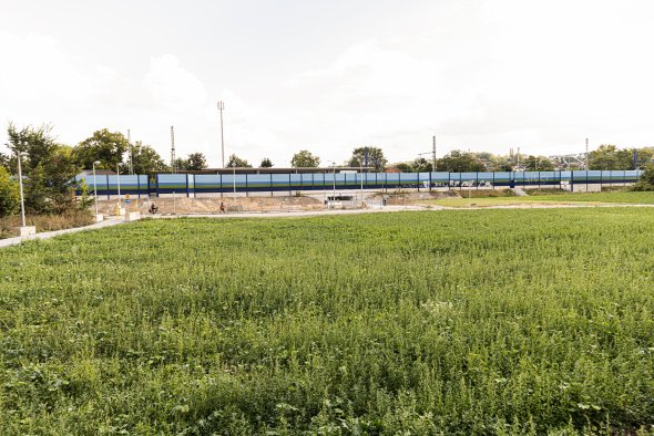 Bahnhof mit blauer und grüner Lärmschutzwand mit einem grünen Feld davor unter bewölktem Himmel