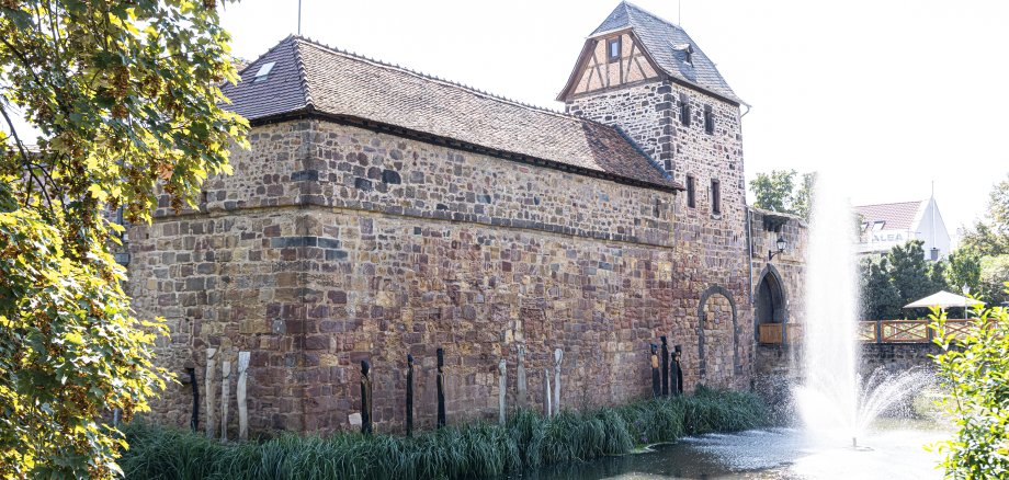 Historische Steinmauer mit Turm einer Wasserburg umgeben von einem Teich mit einem Springbrunnen