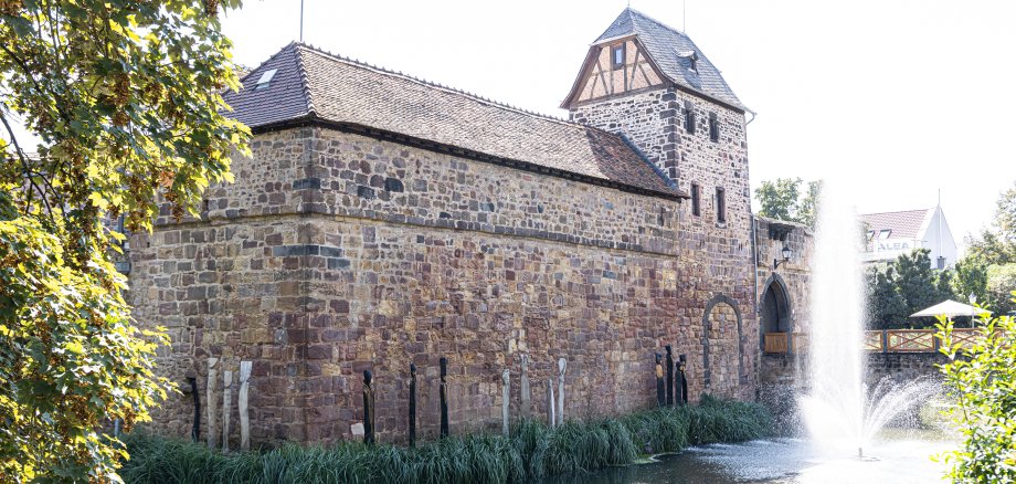Historische Steinmauer mit Turm einer Wasserburg umgeben von einem Teich mit einem Springbrunnen