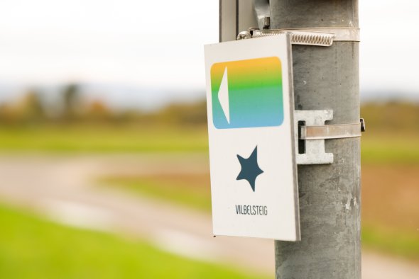 Wegweiser mit grün-gelbem Pfeil und dunkelblauem Stern mit der Aufschrift 'VILBELSTEIG' an einem grauen Metallpfosten vor unscharfem Landschaftshintergrund