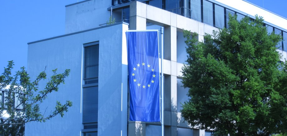 Rathaus Bad Vilbel mit Europafahne vor blauem Himmel und Bäumen