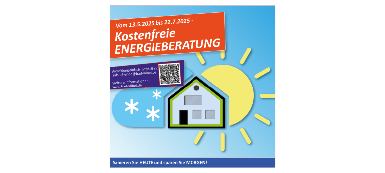 Grafik mit Haus, Sonne, Schneeflocken und Text zu kostenfreier Energieberatung vom 13.5.2025 bis 22.7.2025