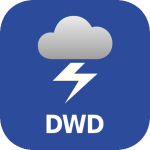 App-Symbol DWD App-Symbol mit einer Wolke mit Blitzsymbol über den Buchstaben DWD auf blauem quadratischem Hintergrund mit abgerundeten Ecken