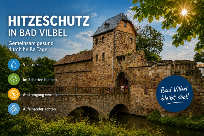 Hitzeschutz in Bad Vilbel Historische Wasserburg mit Turm und einem Wassergraben bei sonnigem Himmel und Text zu Hitzeschutz in Bad Vilbel mit Tipps wie viel trinken, im Schatten bleiben, Anstrengung vermeiden und aufeinander achten