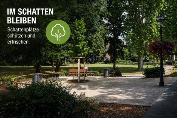 Schatten Park mit großen Bäumen, Sitzbank und Laterne, Text 'IM SCHATTEN BLEIBEN Schattenplätze schützen und erfrischen' und grünes Symbol mit Baum