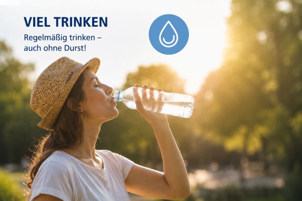 Viel trinken Frau mit Strohhut trinkt aus einer Plastikflasche vor unscharfem Hintergrund mit Bäumen und Sonnenlicht