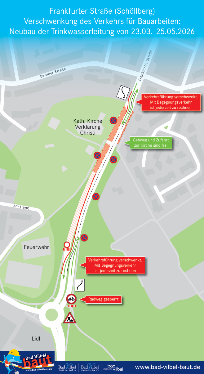 Karte mit Verkehrsführung und Baustellenhinweisen zur Erneuerung der Trinkwasserleitung in der Frankfurter Straße (Schöllberg) mit gesperrtem Radweg und Umleitung für Fußgänger zur Kirche