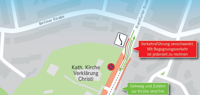 Karte mit Verkehrsführung und Baustellenhinweisen zur Erneuerung der Trinkwasserleitung in der Frankfurter Straße (Schöllberg) mit gesperrtem Radweg und Umleitung für Fußgänger zur Kirche