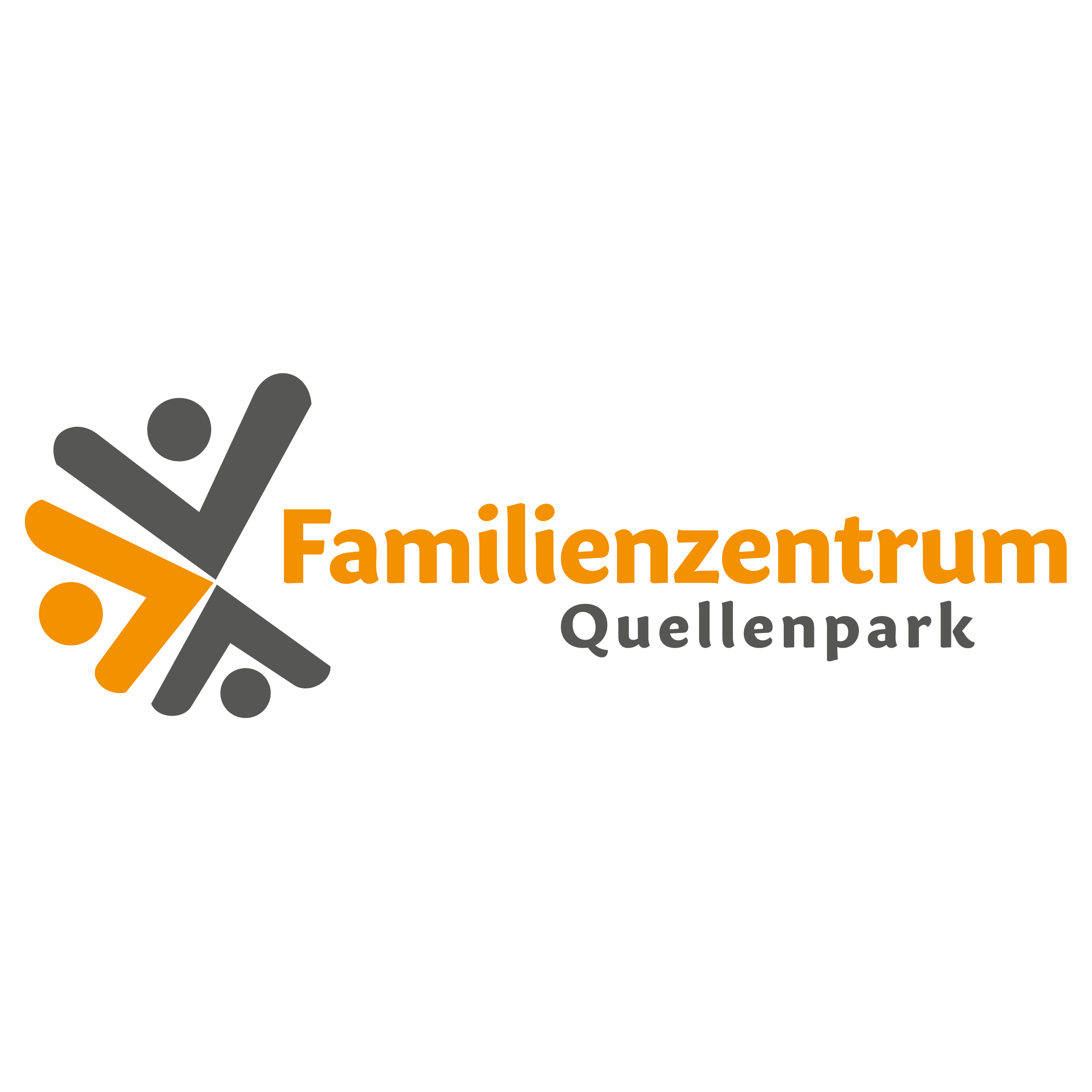Logo mit stilisierten Figuren in Grau und Orange neben dem Schriftzug 'Familienzentrum Quellenpark'