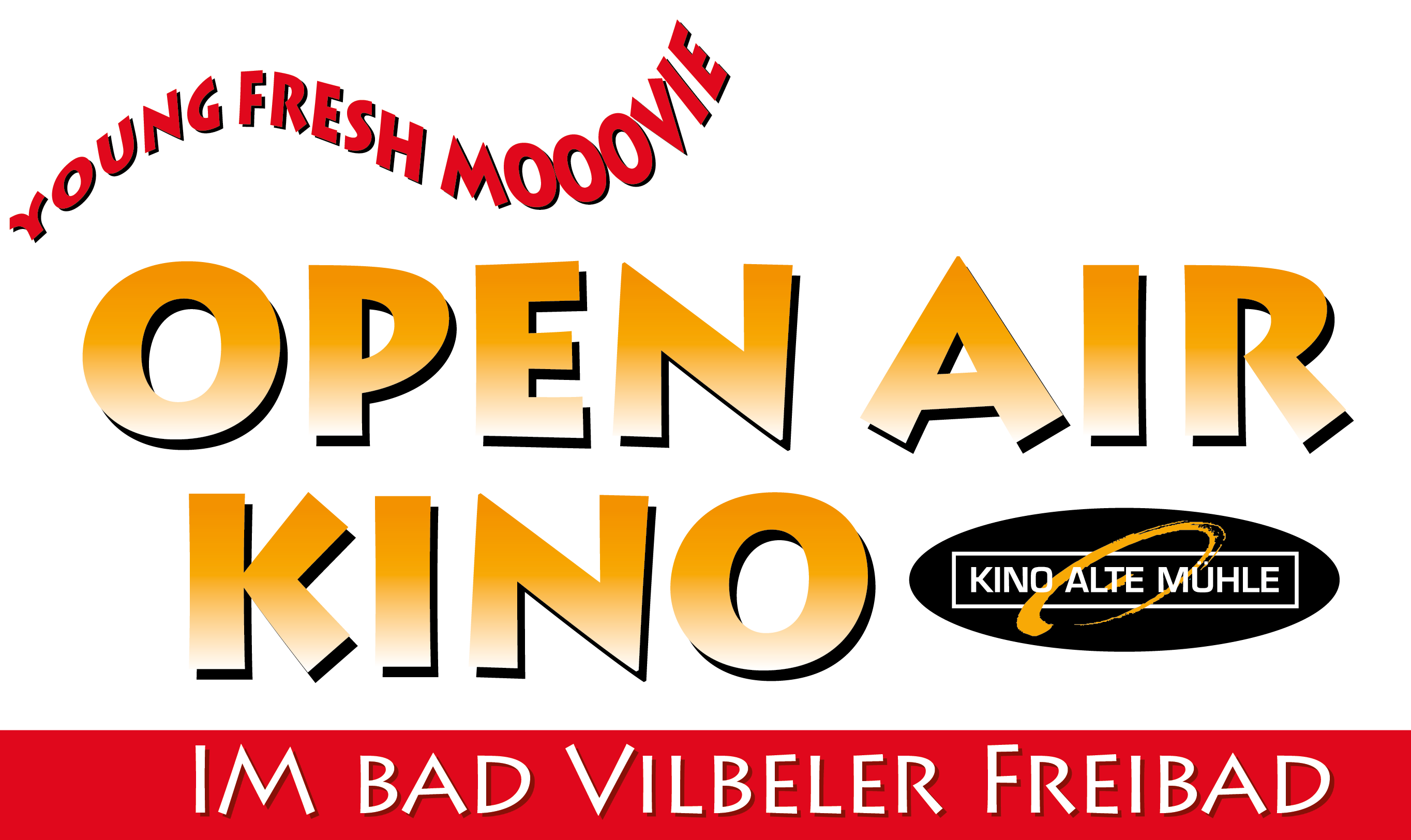Logo Open-Air_kino Bad Vilbel Schriftzug mit dem Text 'YOUNG FRESH MOOOVIE OPEN AIR KINO KINO ALTE MÜHLE IM BAD VILBELER FREIBAD' in verschiedenen Schriftarten und Farben auf schwarzem Hintergrund