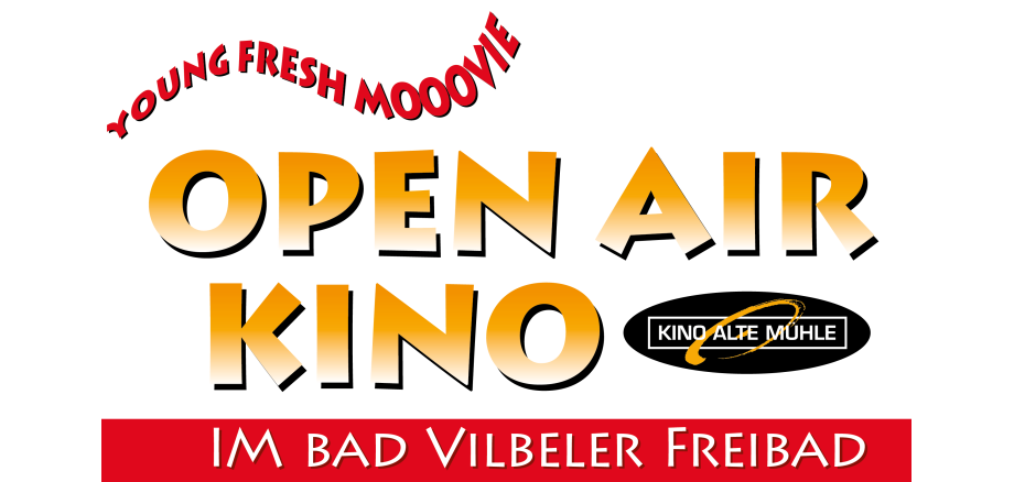 Logo Open-Air_kino Bad Vilbel Schriftzug mit dem Text 'YOUNG FRESH MOOOVIE OPEN AIR KINO KINO ALTE MÜHLE IM BAD VILBELER FREIBAD' in verschiedenen Schriftarten und Farben auf schwarzem Hintergrund