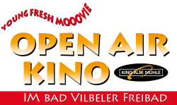 Logo Open-Air_kino Bad Vilbel Schriftzug mit dem Text 'YOUNG FRESH MOOOVIE OPEN AIR KINO KINO ALTE MÜHLE IM BAD VILBELER FREIBAD' in verschiedenen Schriftarten und Farben auf schwarzem Hintergrund