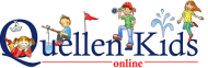 Logo mit dem Schriftzug 'Quellen-Kids online', umgeben von vier spielenden Kindern, eines mit einem Papierboot, eines mit einer Angel, eines mit einem Fernrohr und eines, das Wasser spritzt