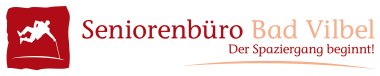 Logo Seniorenbüro Bad Vilbel Logo mit stilisierter weißer Figur auf rotem Hintergrund und Schriftzug 'Seniorenbüro Bad Vilbel Der Spaziergang beginnt!'