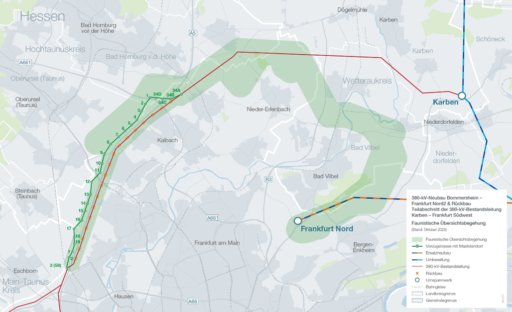 Kartenausschnitt mit eingezeichneten Linien und Markierungen rund um Frankfurt Nord und Karben in Hessen
