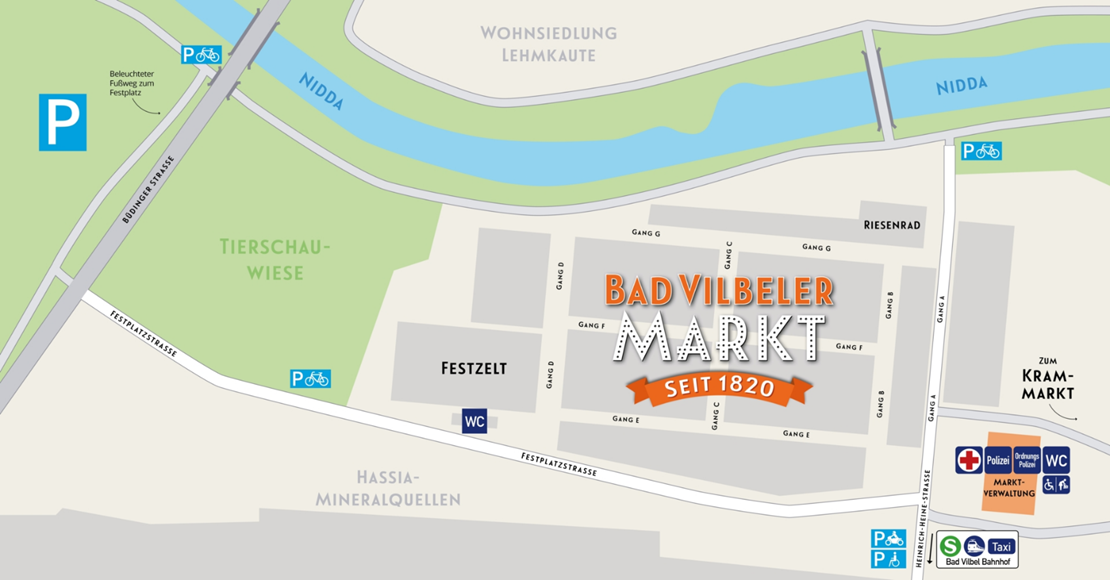 Übersichtsplan des Bad Vilbeler Markts mit Parkplätzen, WC-Anlagen, Festzelt, Tierschauwiese und angrenzenden Straßen sowie dem Fluss Nidda