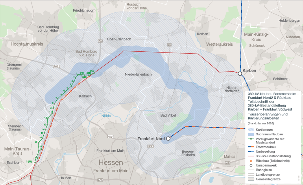 Karte von Hessen mit eingezeichnetem Trassenverlauf einer 380-kV-Leitung von Bornheim nach Frankfurt Nord und Frankfurt Südwest mit Legende und Ortsnamen