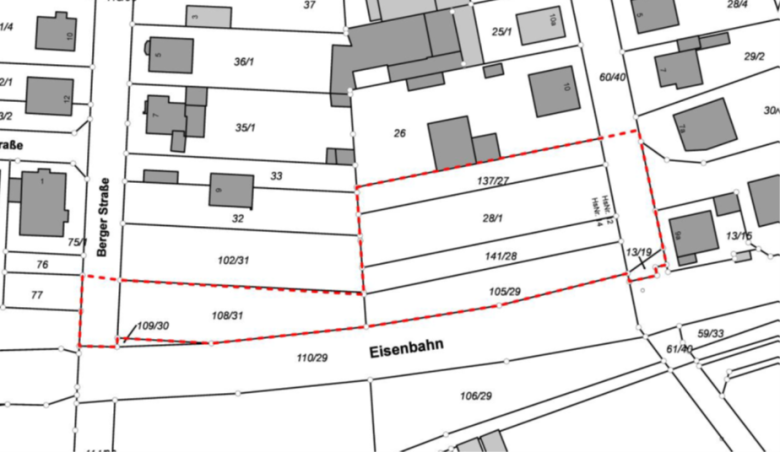 Grundstücksplan Schwarz-weiße Linienzeichnung eines Grundstücksplans mit Gebäuden, Flurstücknummern und Straßenbezeichnungen