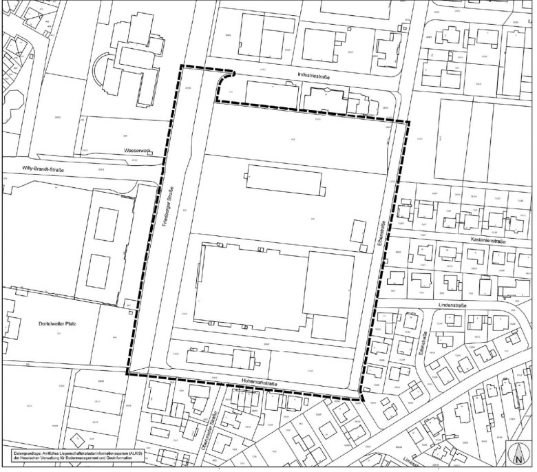 Bebauungsplan Weitzesgrund Schwarz-weiße Linienzeichnung eines Stadtplans mit markiertem rechteckigem Bereich und umliegenden Straßen und Gebäuden