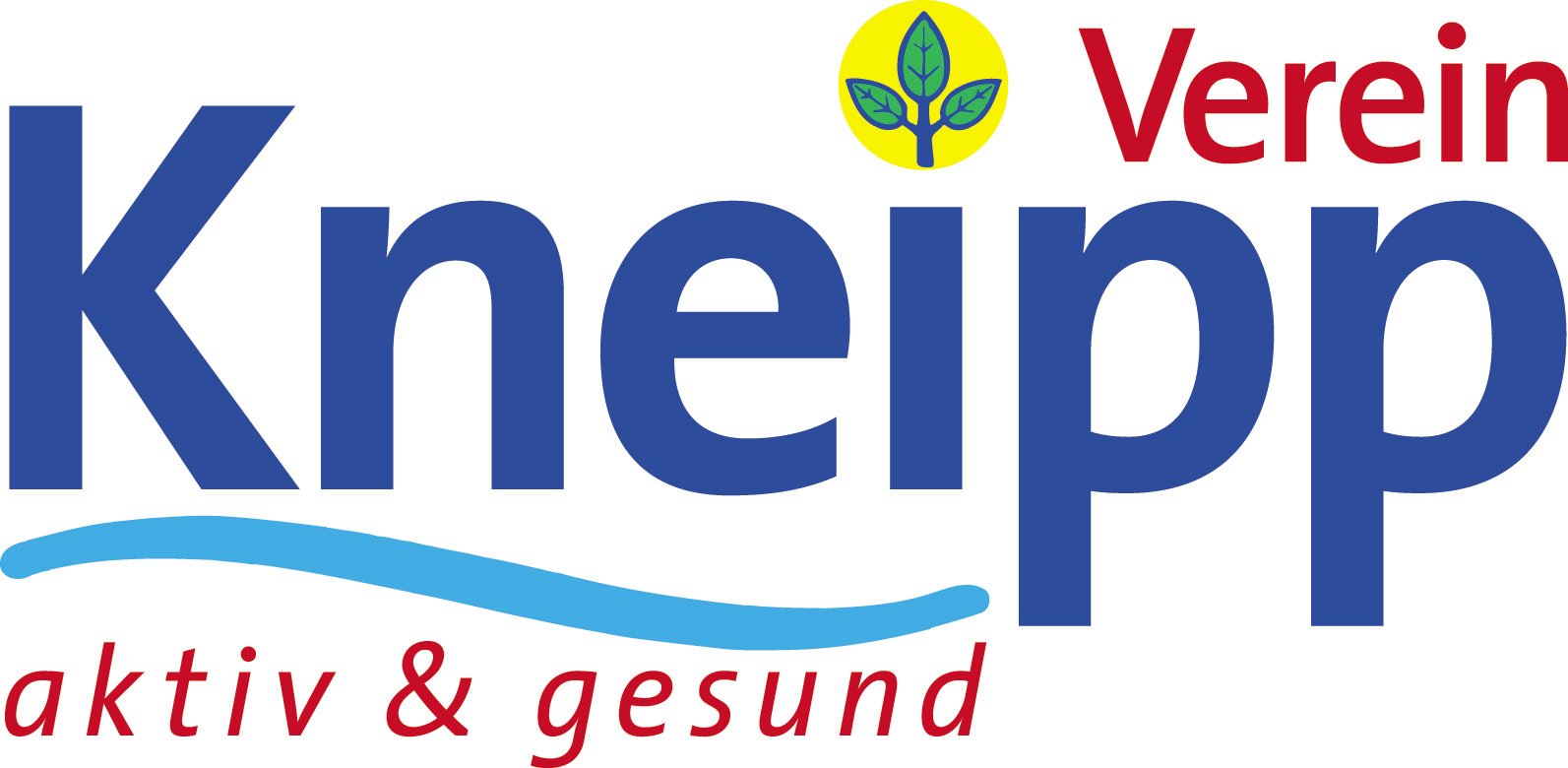 Logo mit dem Schriftzug 'Kneipp Verein' in Blau und Rot, darüber ein gelber Kreis mit einem stilisierten Baum und zwei Blättern, darunter der Slogan 'aktiv & gesund' in roter Schreibschrift und eine blaue Wellenlinie